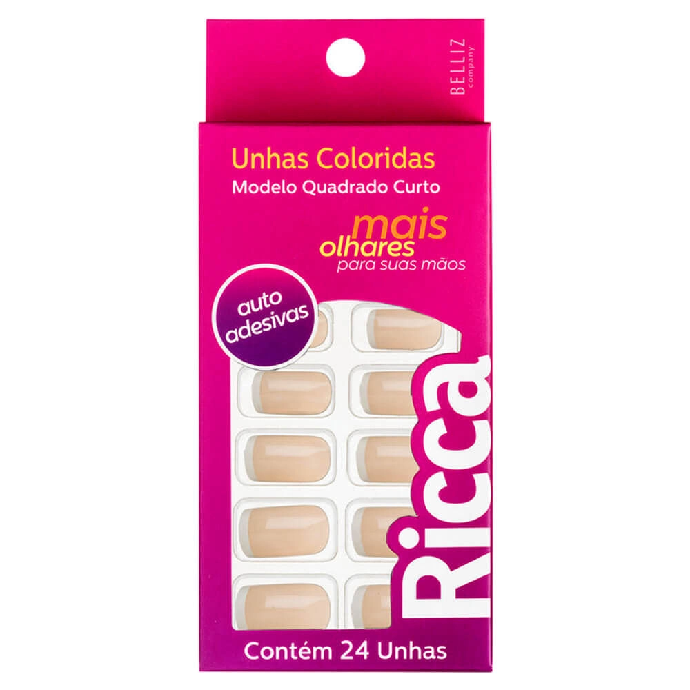 Unhas Auto Adesivas Ricca Francesinha Rosa 24 Unhas