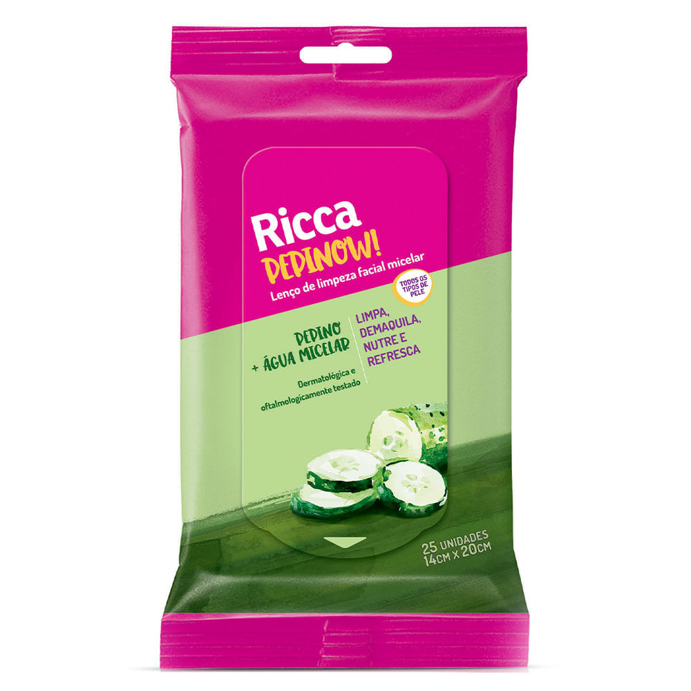 Lenços De Limpeza Facial Ricca Pepinow Pepino E Água Micelar 25 Unidades