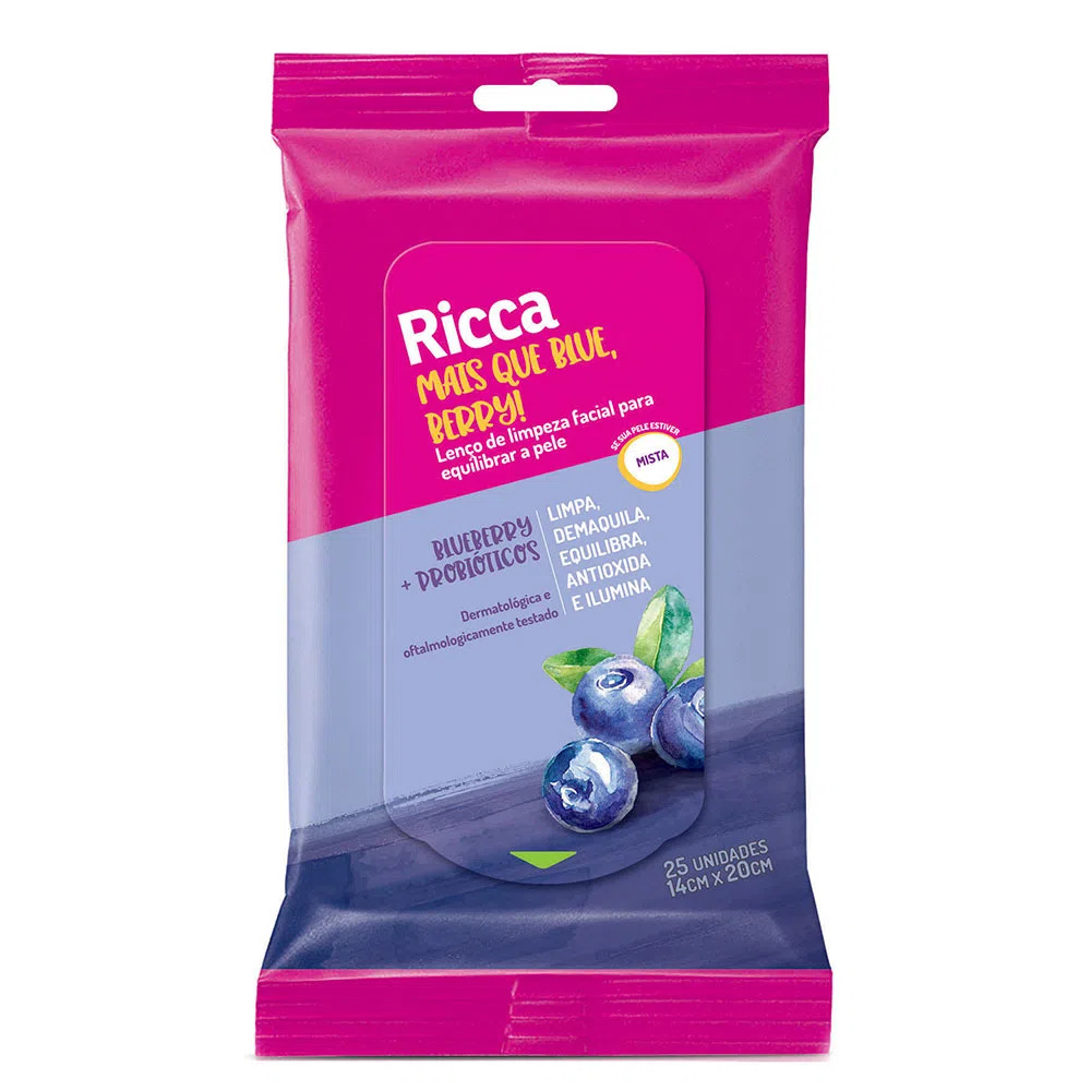 Lenços de Limpeza Facial Ricca Mais Que Blue, Berry!  25 Unidades