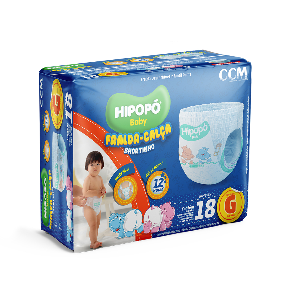 Fralda-Calça Shortinho Hipopó Baby Jumbinho G 18 Unidades
