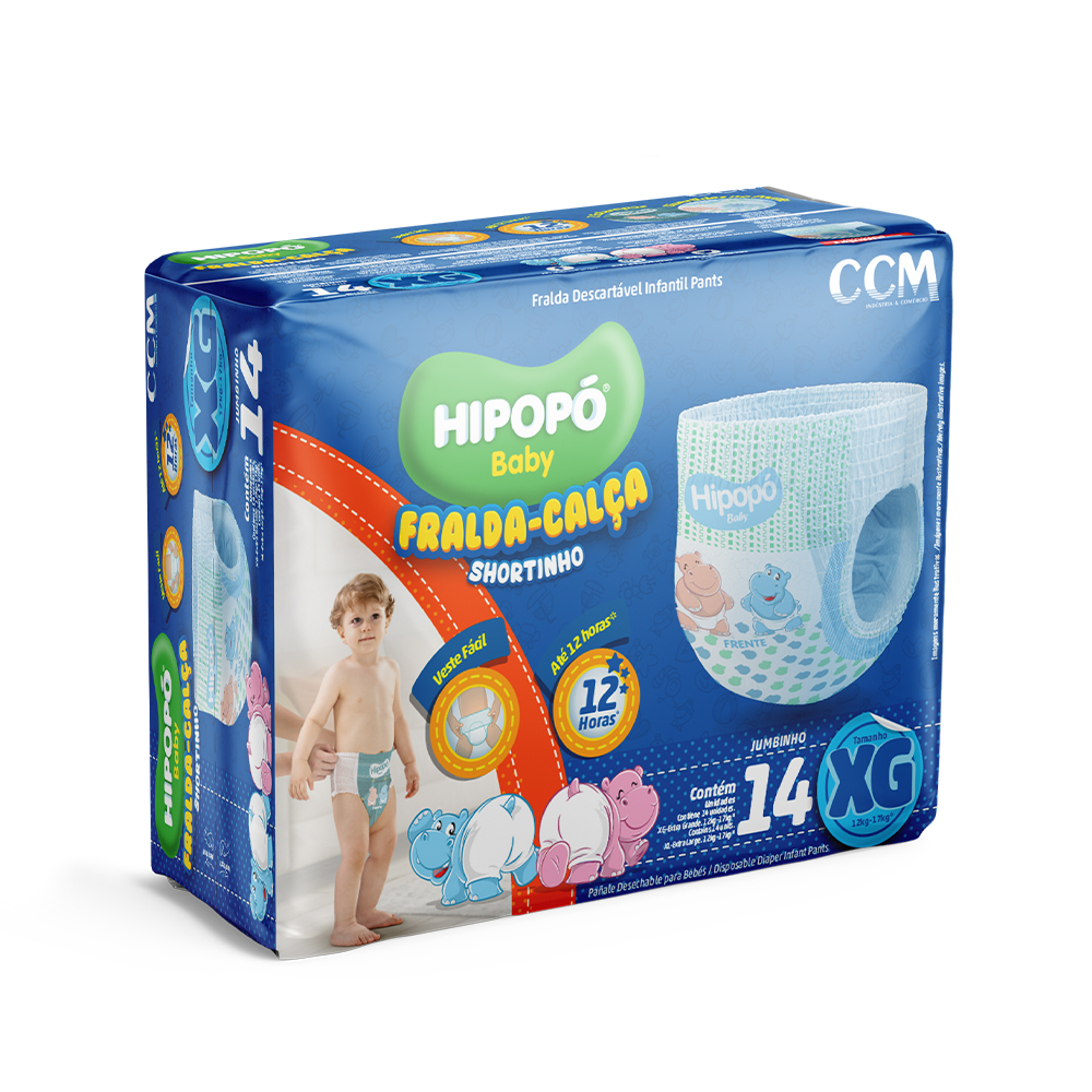 Fralda-Calça Shortinho Hipopó Baby Jumbinho XG 14 Unidades
