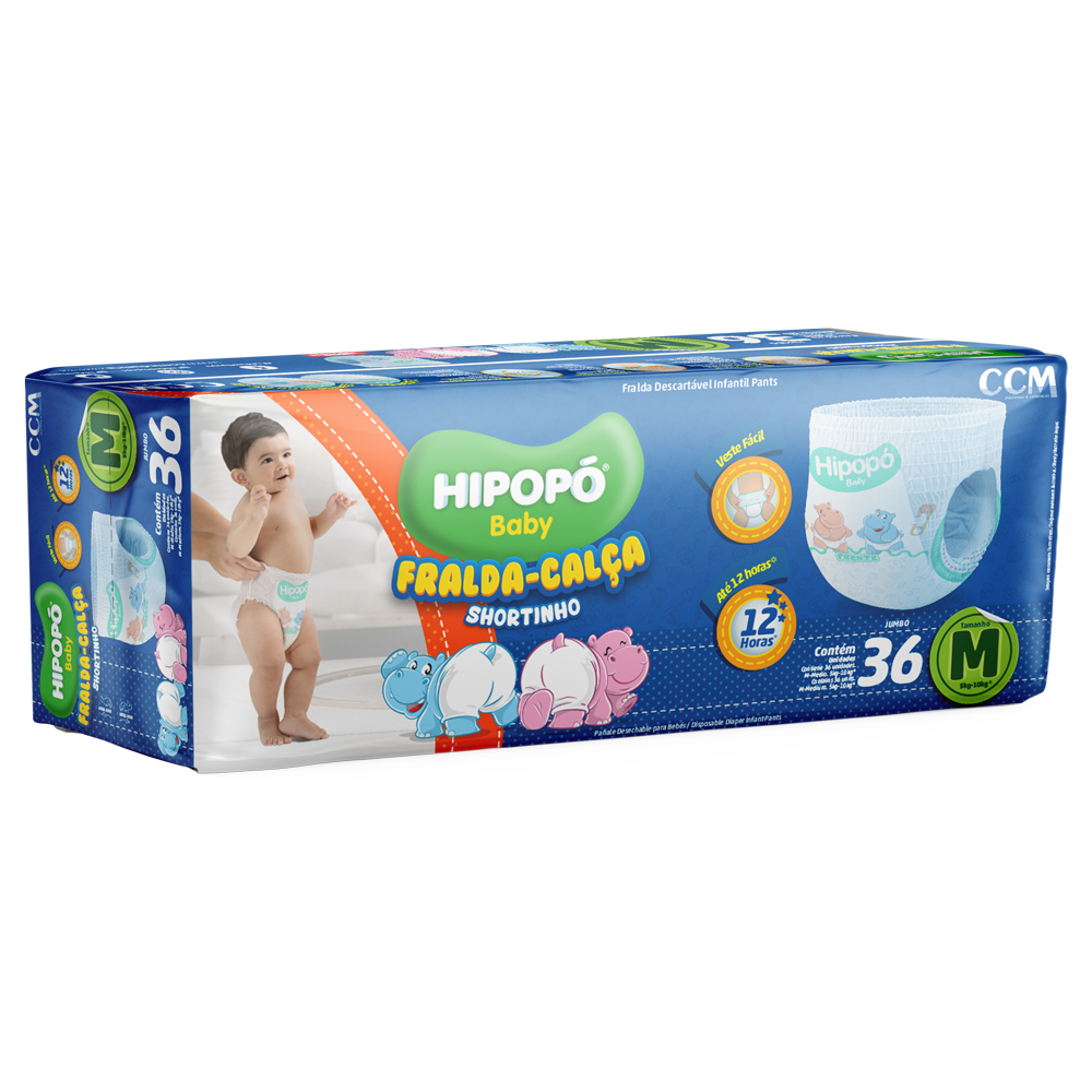 Fralda-Calça Shortinho Hipopó Baby Jumbo M 36 Unidades